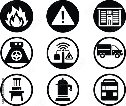 set of  Public utilities  icons illustration. communication, logo, equipment, housing, technology, cost, fire, recycling