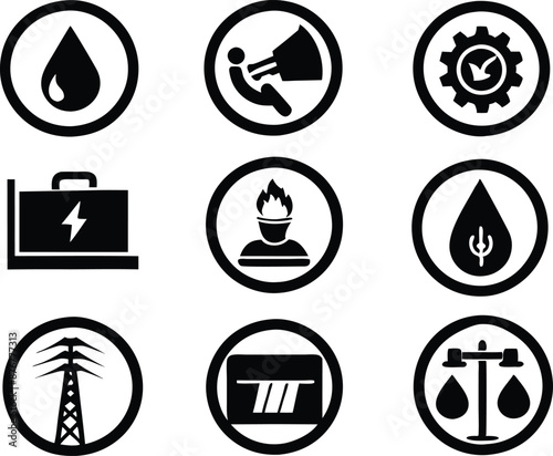 set of  Public utilities  icons illustration. communication, logo, equipment, housing, technology, cost, fire, recycling