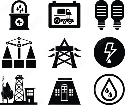 set of  Public utilities  icons illustration. communication, logo, equipment, housing, technology, cost, fire, recycling