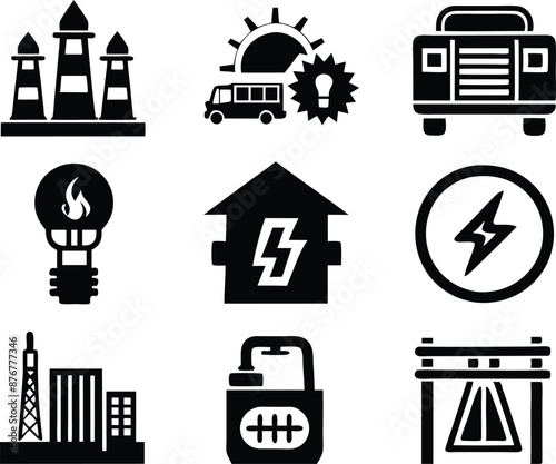 set of  Public utilities  icons illustration. communication, logo, equipment, housing, technology, cost, fire, recycling