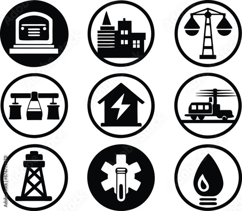 set of  Public utilities  icons illustration. communication, logo, equipment, housing, technology, cost, fire, recycling