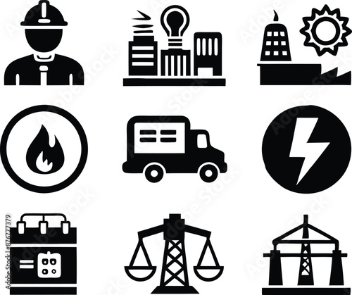 set of  Public utilities  icons illustration. communication, logo, equipment, housing, technology, cost, fire, recycling