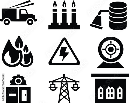 set of  Public utilities  icons illustration. communication, logo, equipment, housing, technology, cost, fire, recycling