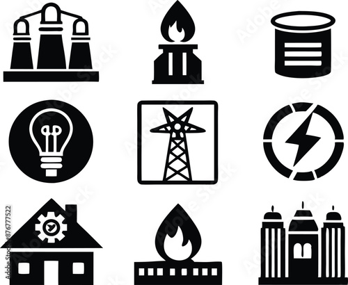 set of  Public utilities  icons illustration. communication, logo, equipment, housing, technology, cost, fire, recycling
