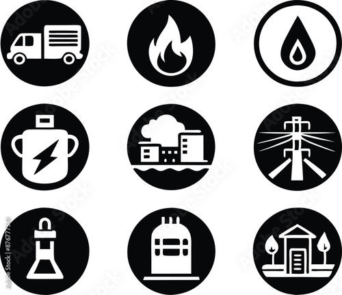 set of  Public utilities  icons illustration. communication, logo, equipment, housing, technology, cost, fire, recycling