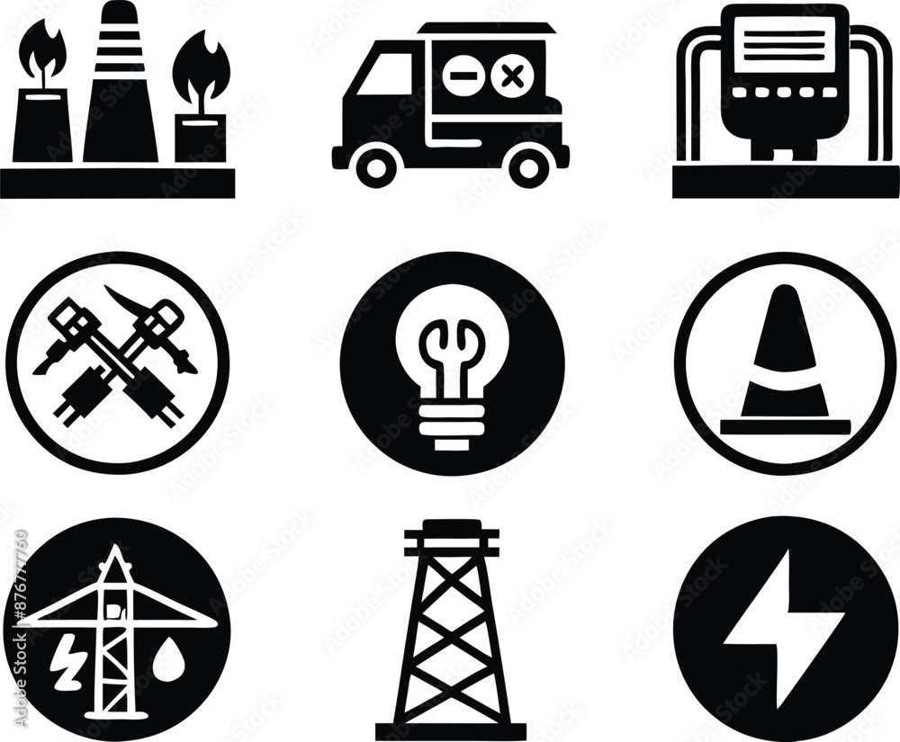 set of Public utilities icons illustration. communication, logo, equipment, housing, technology, cost, fire, recycling set of Public utilities icons illustration. communication, logo, equipment, housing, technology, cost, fire, recycling