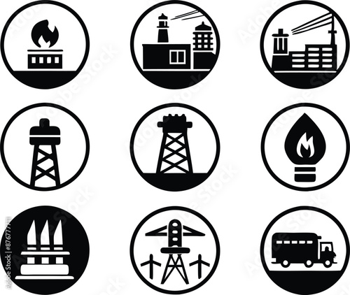 set of  Public utilities  icons illustration. communication, logo, equipment, housing, technology, cost, fire, recycling