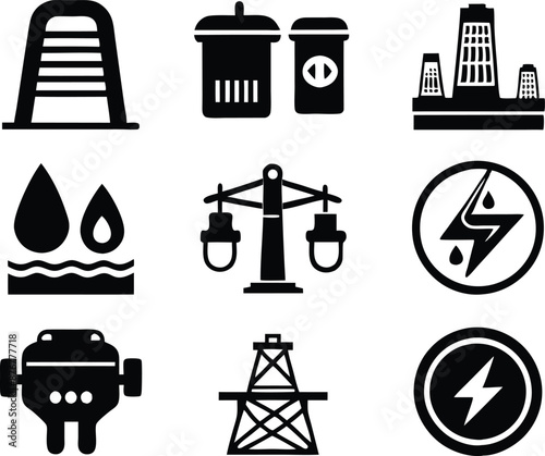 set of  Public utilities  icons illustration. communication, logo, equipment, housing, technology, cost, fire, recycling
