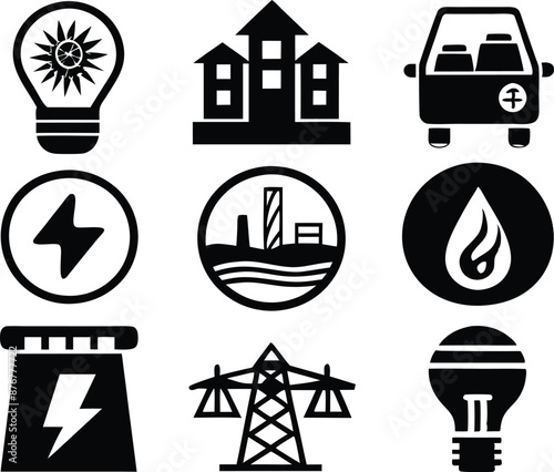 set of  Public utilities  icons illustration. communication, logo, equipment, housing, technology, cost, fire, recycling