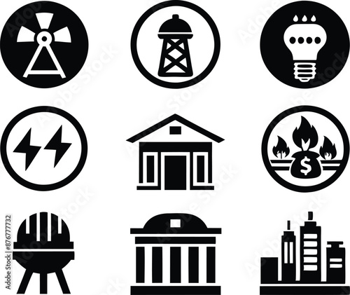 set of  Public utilities  icons illustration. communication, logo, equipment, housing, technology, cost, fire, recycling