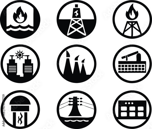 set of  Public utilities  icons illustration. communication, logo, equipment, housing, technology, cost, fire, recycling