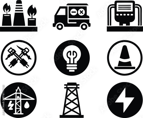 set of  Public utilities  icons illustration. communication, logo, equipment, housing, technology, cost, fire, recycling