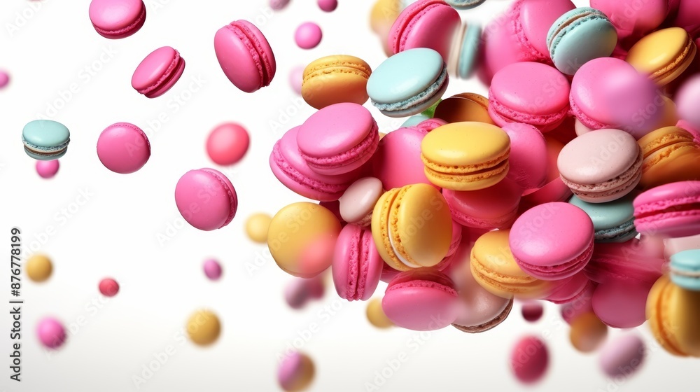 Colorful floating macarons on white background, sweet desserts concept in detailed 3d illustration Colorful floating macarons on white background, sweet desserts concept in detailed 3d illustration
