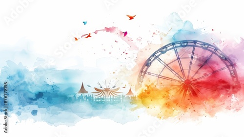An exuberant carnival with vivid rides and lively performers, painted in a bright, colorful watercolor palette