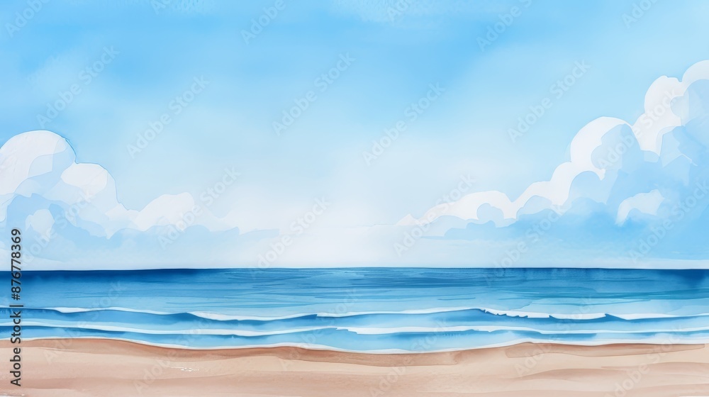 Obraz premium Artistic watercolor scene of a summer horizon, serene ocean view, sunlit landscape with vivid details, evoking a sense of vacation
