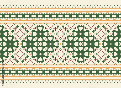 Ikat Embroidery Oriental Pixel Pattern Cream Background. Abstract, vector, illustration. Texture, cross Stitch, scarf, decoration, motifs, wallpaper.