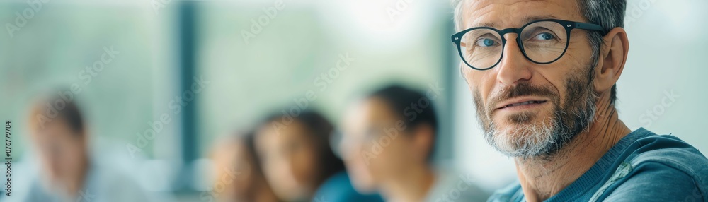 A man with glasses and a beard looks at the camera in a professional setting. A man with glasses and a beard looks at the camera in a professional setting.