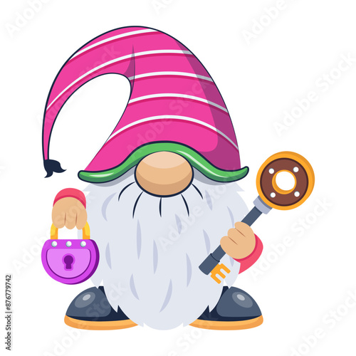 Fantasy gnome holding key and lock, flat style cartoon 

