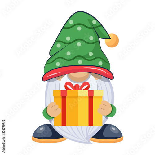 A flat style mascot of christmas dwarf with wrapped gift 

