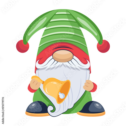 A flat style icon of holiday gnome ringing a bell 

