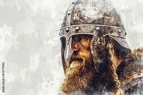 Watercolor portrait of a stoic bearded viking warrior in helmet on white background