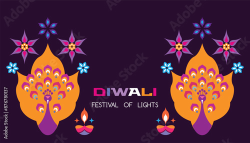 Traditional Indian festival Diwali. Happy Festival of lights Deepavali Template banner, poster, greeting card Festive Burning diya graphic design background Vector abstract flat illustration 