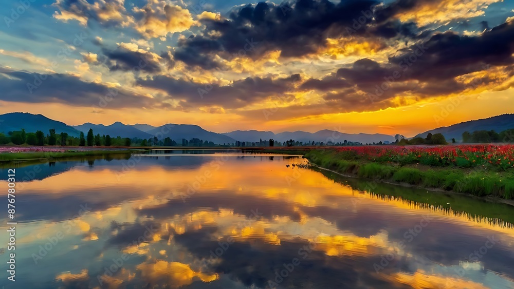 Fototapeta premium Beautiful lake reflecting a sunrise and sunset with colorful clouds in the sky