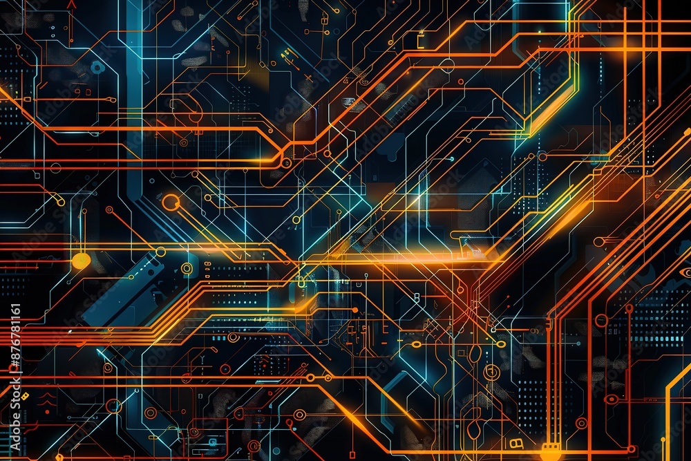 High tech geometric and connection system dark background with binary code and circuit. 3D rendering High tech geometric and connection system dark background with binary code and circuit. 3D rendering