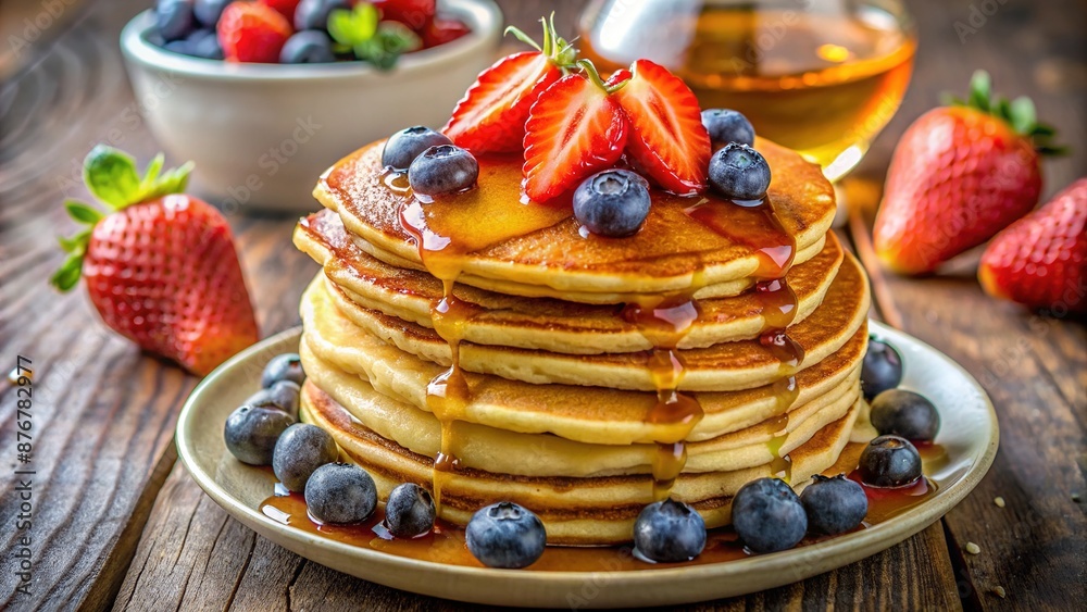 Delicious golden brown pancakes stacked high with butter melting on top, surrounded by fresh strawberries, blueberries, and a drizzle of sweet maple syrup. Delicious golden brown pancakes stacked high with butter melting on top, surrounded by fresh strawberries, blueberries, and a drizzle of sweet maple syrup.