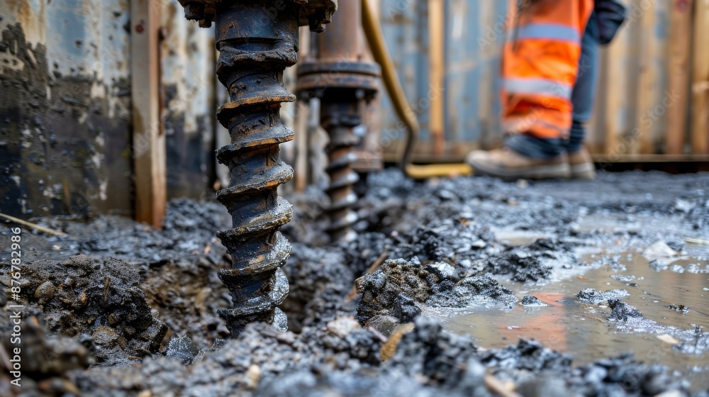 Naklejka premium Close-up view of helical piers being screwed into the ground during construction. The image shows muddy ground, construction worker in background, and drill machinery in action.