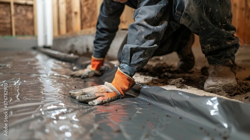 Close-up shot of a worker installing a vapor barrier in a crawl space. photo