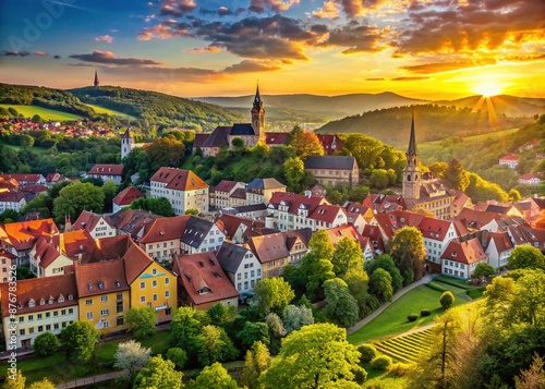 Serene panoramic view of Rudolstadt town nestled in the Thuringian Forest, Germany, featuring medieval architecture, red-roofed houses, and rolling green hills at sunset. photo