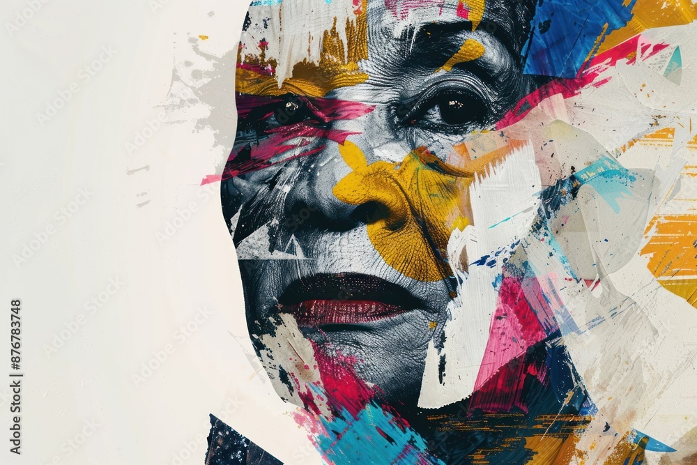 Fototapeta premium Beauty, fine art, fashion concept. art collage of old woman portrait of various and colorful geometric shapes