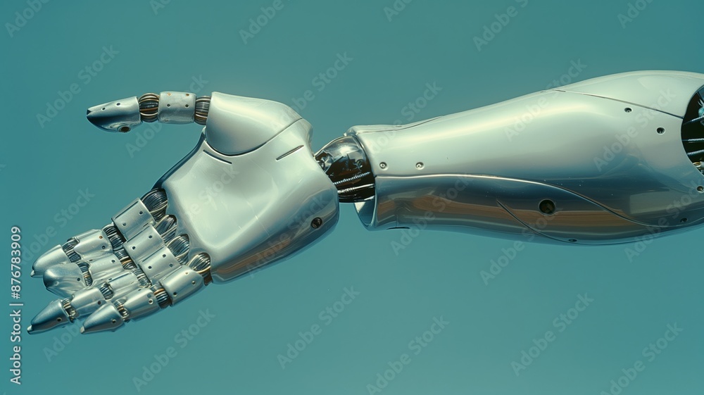 Fototapeta premium Portrait of a Futuristic Robotic Arm Reaching Out Against a Clear Sky