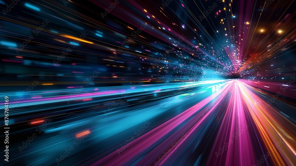 Obraz premium Abstract depiction of vibrant multicolored streams of light converging in a dynamic high speed motion