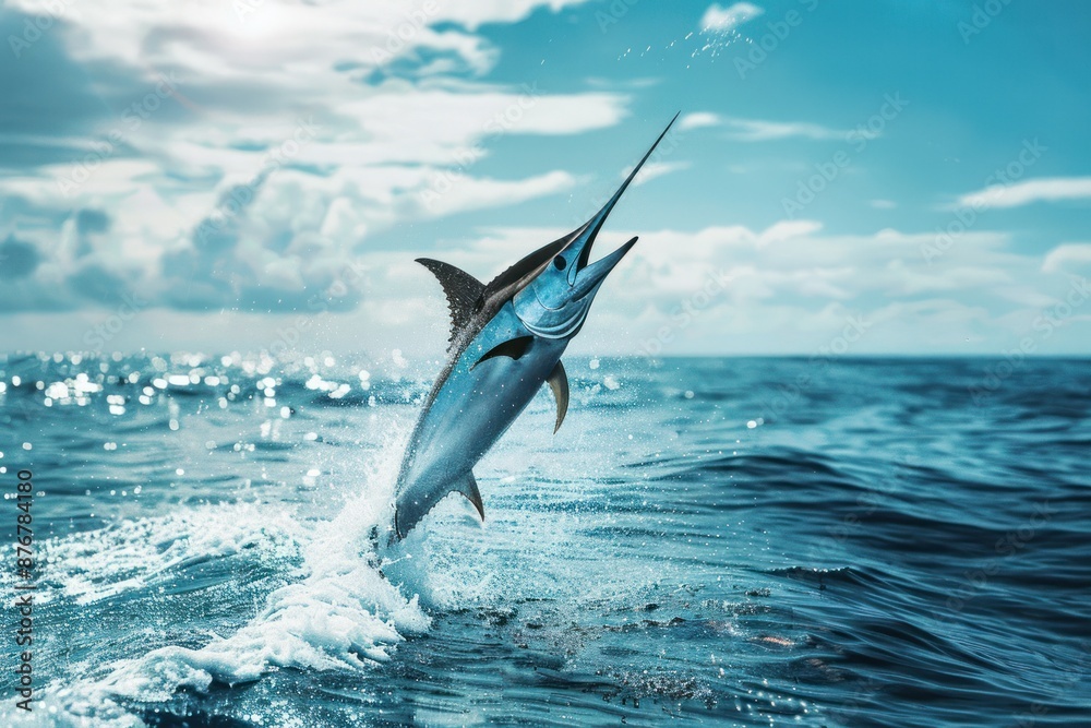 Obraz premium Blue Marlin fish jumping out of ocean water