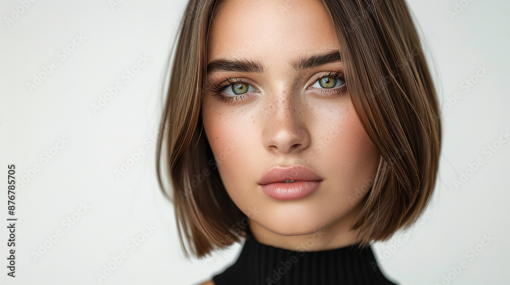 A beautiful woman with short straight hair, showcasing her luxurious and shiny hair against an isolated white background. She is wearing a black top A beautiful woman with short straight hair, showcasing her luxurious and shiny hair against an isolated white background. She is wearing a black top