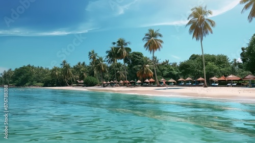 A beautiful tropical beach with palm trees and a clear blue sky, adds to its picturesque charm. This tranquil coastal setting evokes images of summer © hooyah808