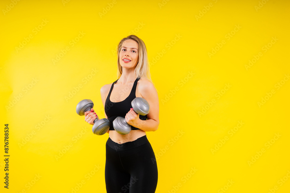 Sporty woman does the exercises with dumbbells on dark, yellow, red background. Sporty woman does the exercises with dumbbells on dark, yellow, red background.