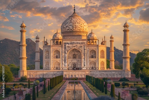 A historic monument bathed in golden evening light, with colorful lights illuminating its intricate architecture. photo