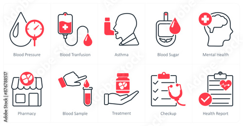 A set of 10 Medical icons as blood pressure, blood transfusion, asthma