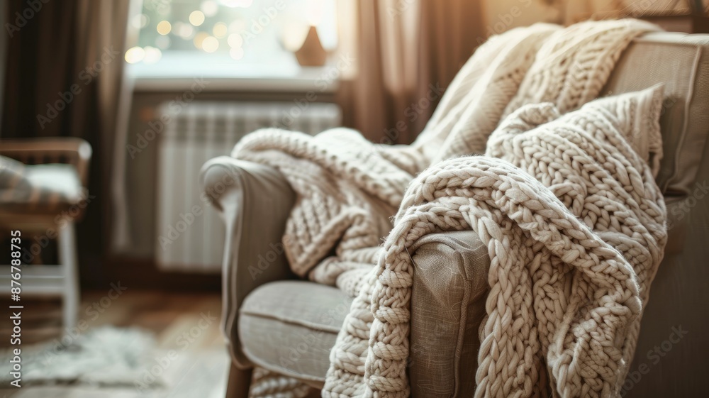 Cozy armchair draped with chunky knit blanket in warmly lit room Cozy armchair draped with chunky knit blanket in warmly lit room