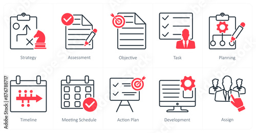 A set of 10 Action Plan icons as strategy, assessment, objective