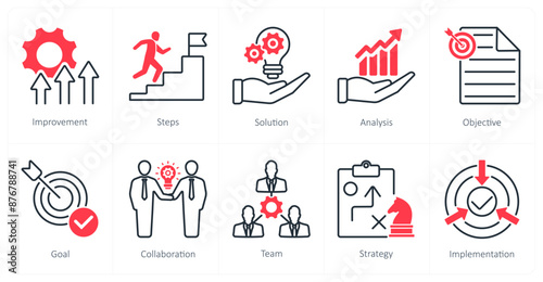 A set of 10 Action Plan icons as improvement, steps, solution