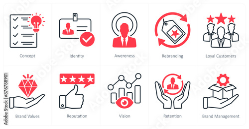 A set of 10 Branding icons as identity, awareness, rebranding