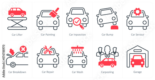 A set of 10 Car icons as car lifter, car painting, car inspection