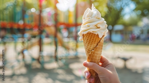 Hand holding melting vanilla ice cream cone at park