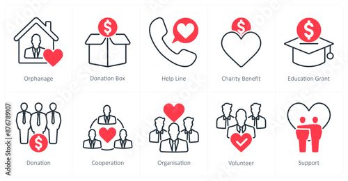 A set of 10 Charity and Donation icons as orphanage, donation box, help line