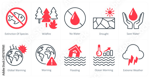 A set of 10 Climate Change icons as extinction of species, wildfire, no water