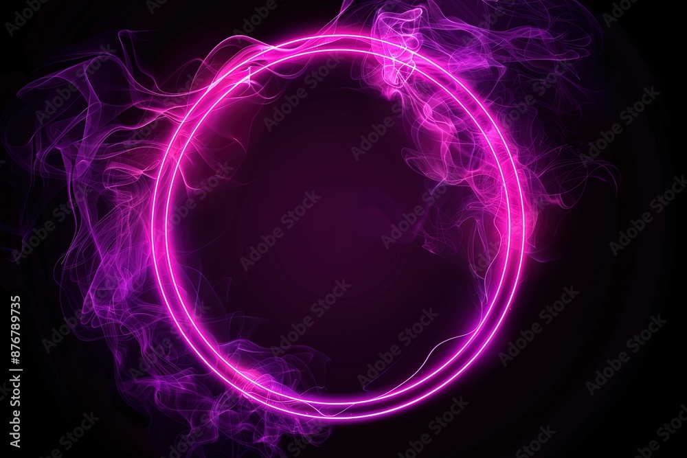 Fototapeta premium Purple glowing portal concept. Neon hologram teleport on black background. Circle digital gate with aura and beams. Round flare podium template for game, ui, interface.